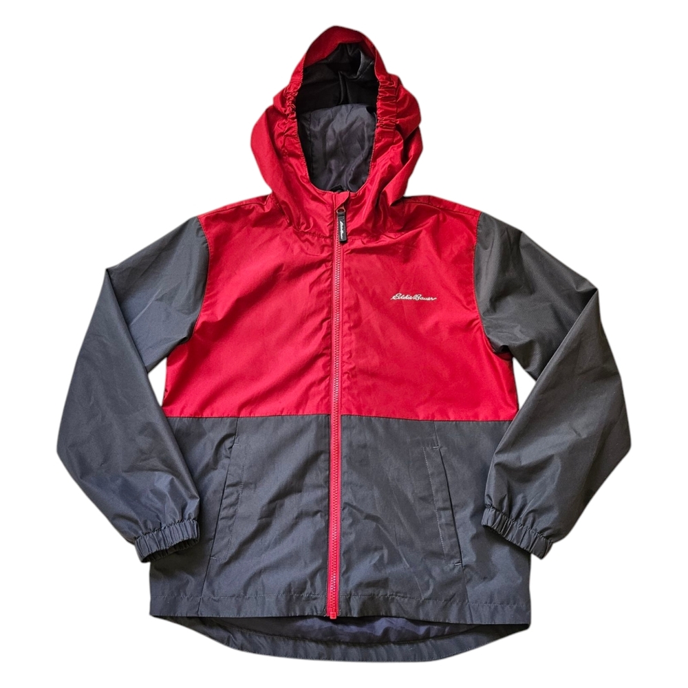 Eddie Bauer Kids Windbreaker Jacket Hooded Full Zip Size M 10/12 Red Gray